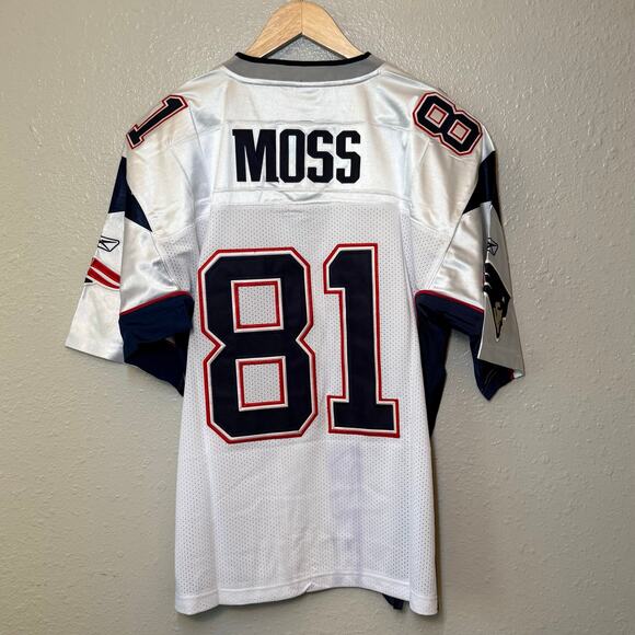 NFL New England Patriots 81 Moss Reebook Onfield Equipment Jersey White Size 48 - Picture 2 of 13